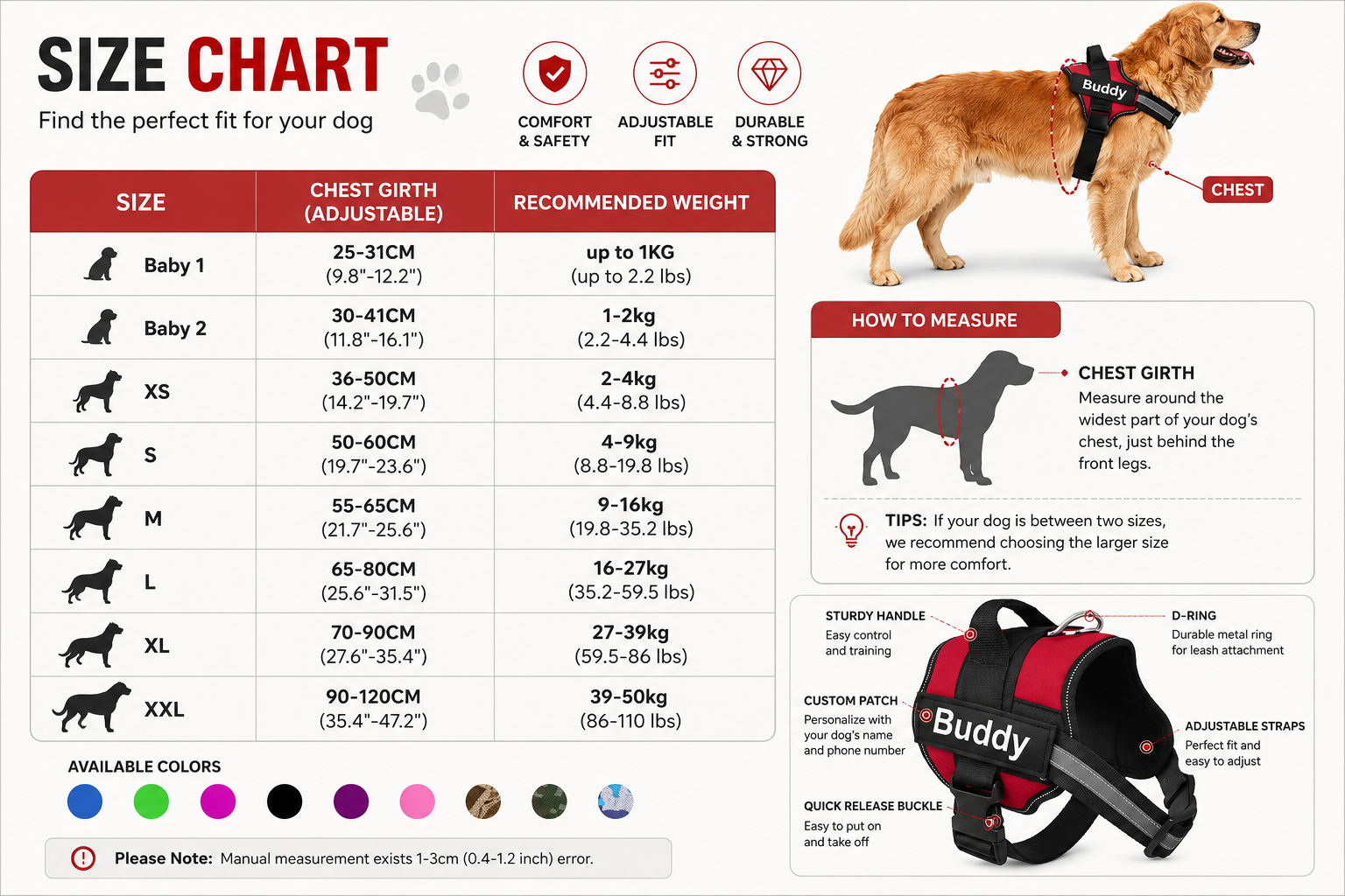 Harness size chart — chest girth and recommended weight per size