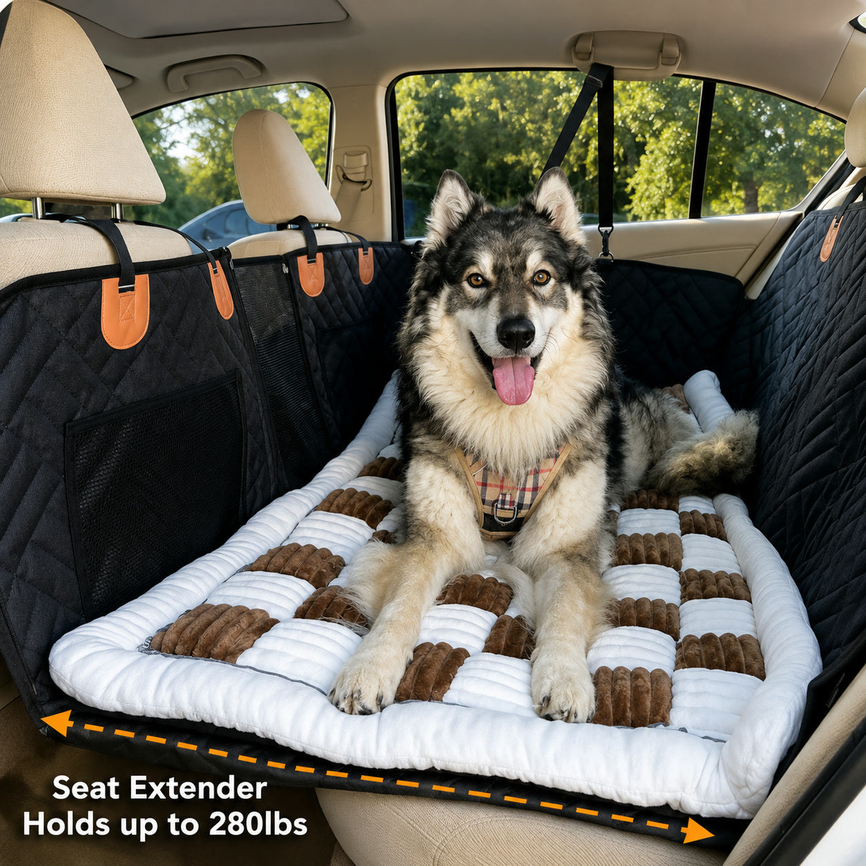 HydraPaw Luxe Dog Bed in checkerboard plush on a car back seat with a dog resting on it