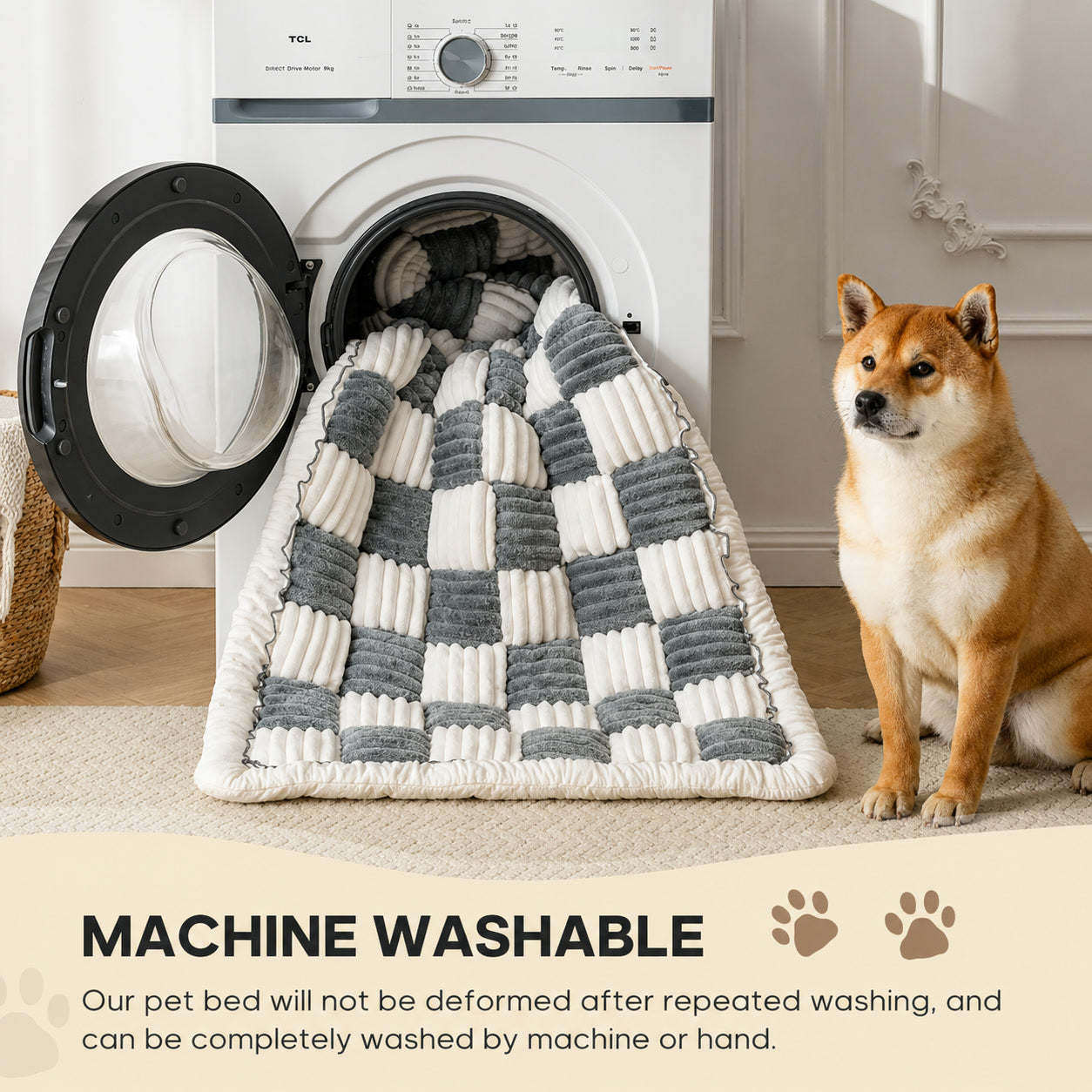 The Luxe Dog Bed beside a washing machine, showing it is machine washable