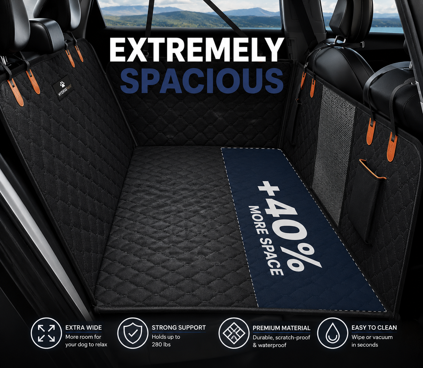 HydraPaw 2.0 hard bottom dog car seat protector installed in an SUV back seat with 40% more space