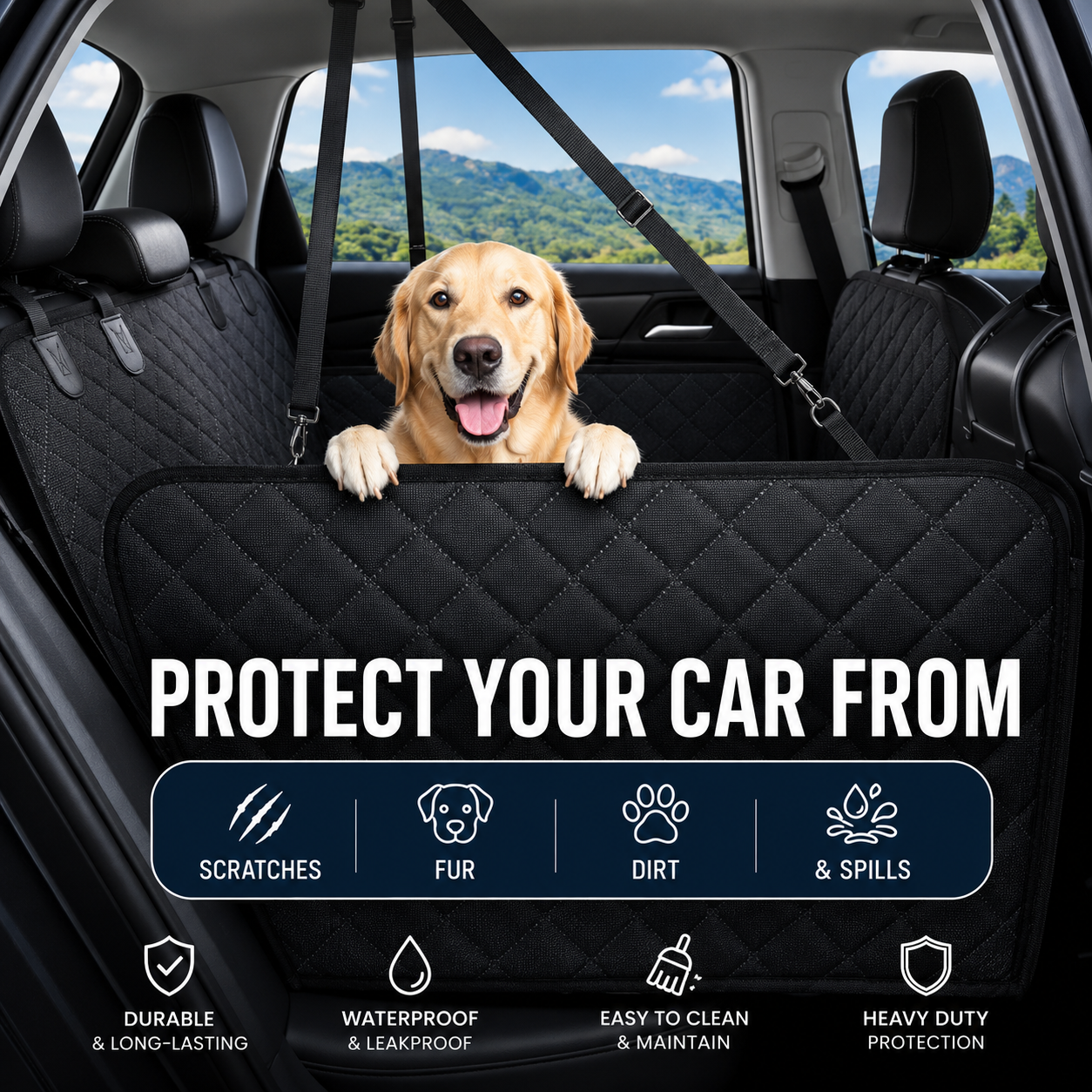 Protects car seats from scratches, fur, dirt and spills