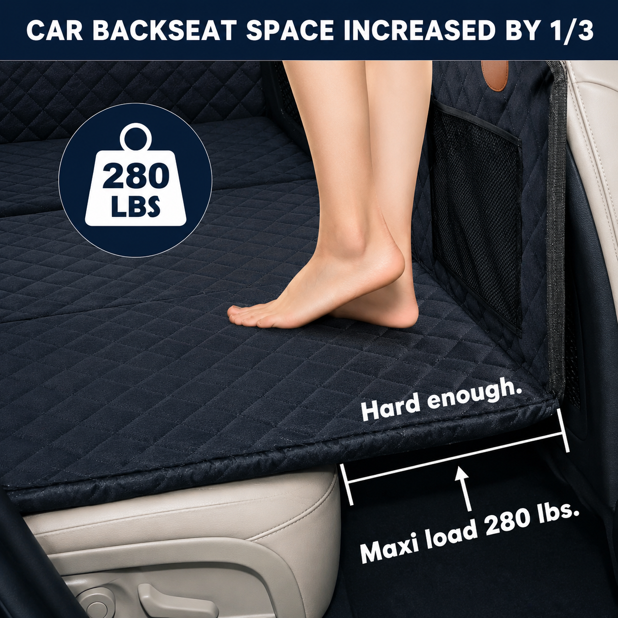 Hard bottom holds up to 280 lbs and increases back seat space by one third