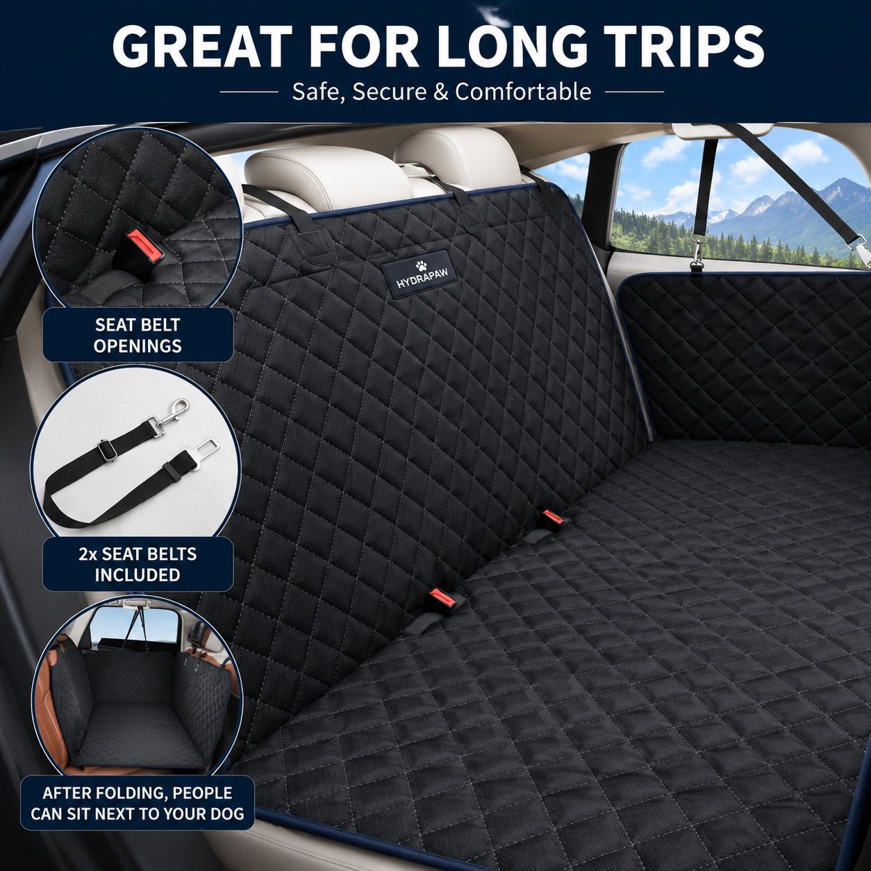 Seat belt openings, 2 safety belts included, folds so passengers can sit beside your dog